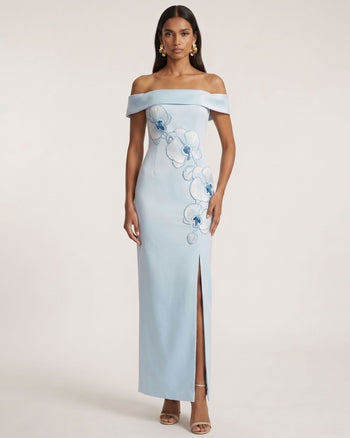 Abito lungo con spalle scoperte e orchidee ricamate - Blu