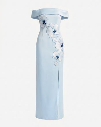 Abito lungo con spalle scoperte e orchidee ricamate - Blu
