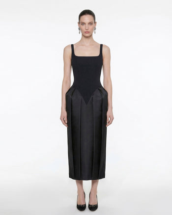 Abito midi con scollo quadrato e pannier - Nero