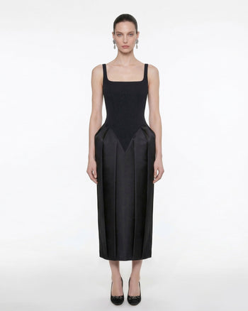 Abito midi con scollo Square e paniere - Nero