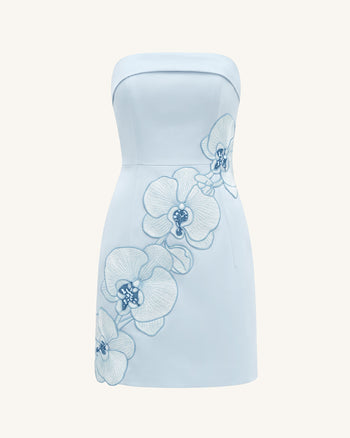 Orchid Abito Midi Tubino Senza Spalline Ricamato - Azzurro