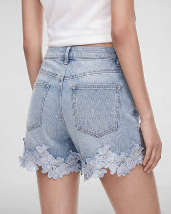 Pantaloncini di jeans con applicazioni a petalo - Rugiada del mattino