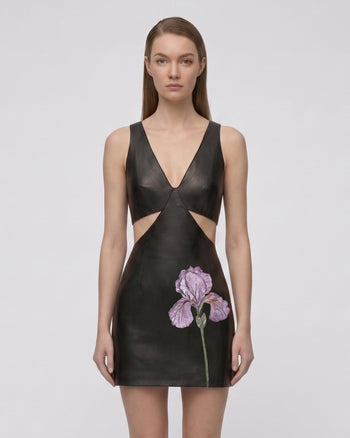 Iris Abito corto attillato in pelle con cut-out e stampa floreale - Nero