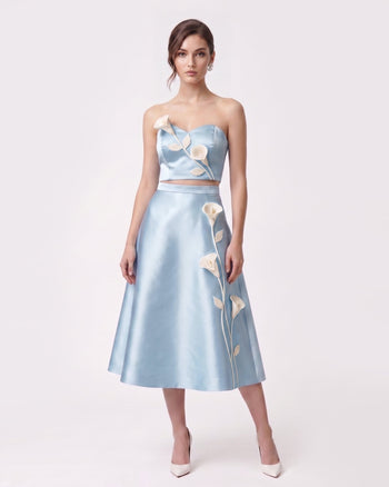 Gonna midi in raso con applicazioni floreali - Azzurro