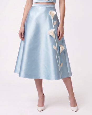 Gonna midi in raso con applicazioni floreali - Azzurro