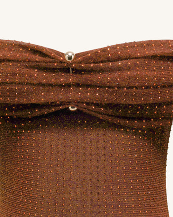Abito lungo in rete con strass e spalle scoperte - Marrone