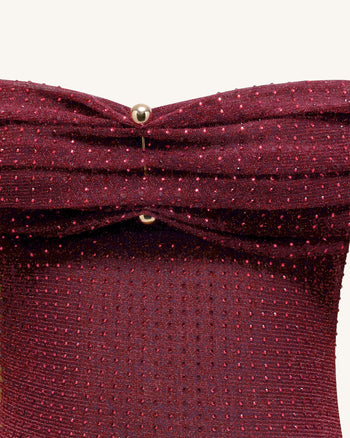 Abito lungo in rete con strass e spalle scoperte - Borgogna