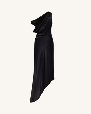 Abito asimmetrico monospalla drappeggiato in raso - Nero