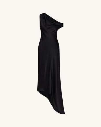 Abito asimmetrico monospalla drappeggiato in raso - Nero