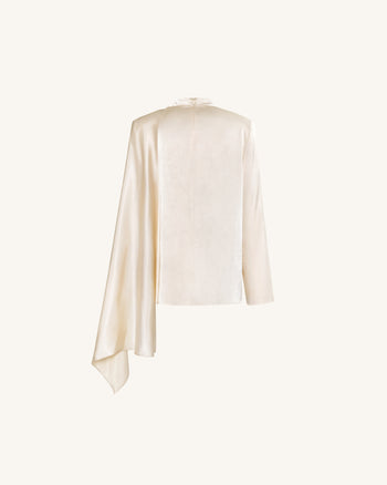 Top a cappa asimmetrico drappeggiato con collo alto - Crema