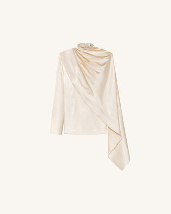 Top a cappa asimmetrico drappeggiato con collo alto - Crema