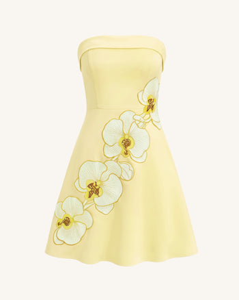 Orchid Abito Midi Linea ad A Senza Spalline Ricamato - Giallo Pallido