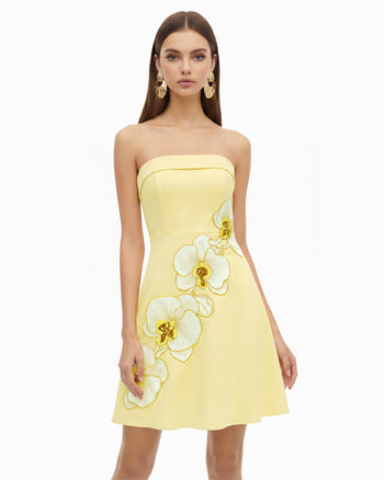 Orchid Abito Midi Linea ad A Senza Spalline Ricamato - Giallo Pallido