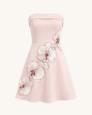 Orchid Abito Midi Linea ad A Senza Spalline Ricamato - Rosa Cipria