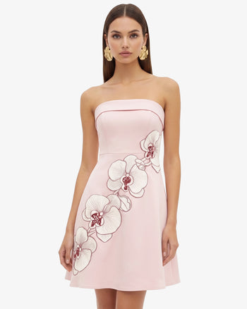 Orchid Abito Midi Linea ad A Senza Spalline Ricamato - Rosa Cipria