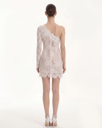 Minidress monospalla in pizzo - Bianco