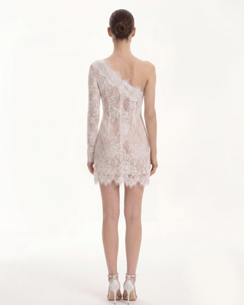 Mini abito in pizzo con spalla One - Bianco