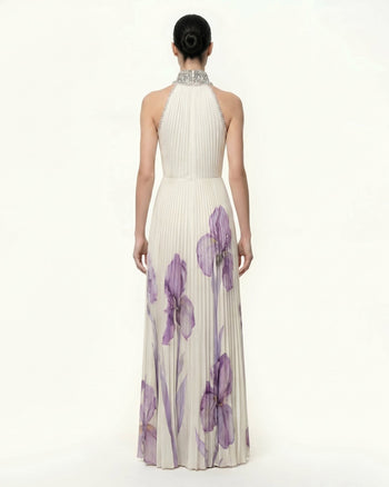 Abito lungo plissettato con scollo all'americana decorato e stampa Iris - Bianco/Viola