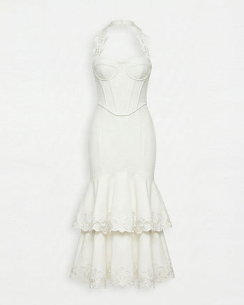 Abito midi a corsetto con scollo all'americana e ricamo di orchidee - Bianco