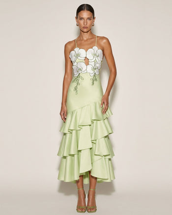 Abito midi con volant decorato con orchidee - Verde chiaro