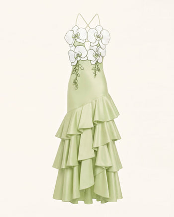 Abito midi con volant decorato con orchidee - Verde chiaro