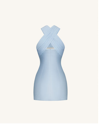 Abito corto in raso con incrociato halter in tulle - Blu