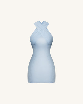 Abito corto in raso con incrociato halter in tulle - Blu