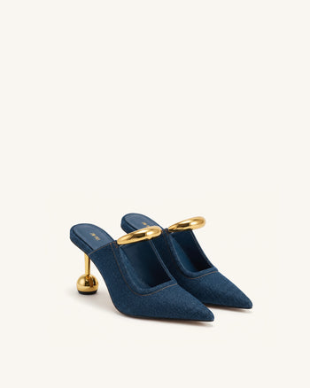 Sofia Mule con Tacco a Sfera e Dettaglio Metallico - Blu Denim