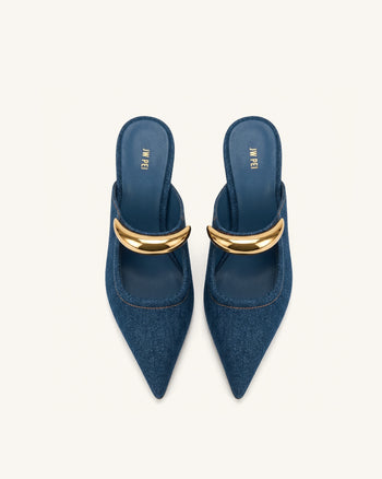 Sofia Mule con Tacco a Sfera e Dettaglio Metallico - Blu Denim