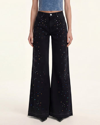 Jeans The Troublemaker con strass multicolore e orlo sfrangiato con spacco - Midnight Confessions