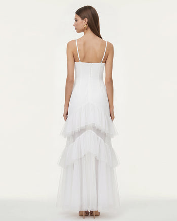 Abito lungo senza spalline in tulle con volant e orchidee ricamate - Bianco