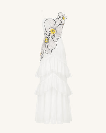 Abito lungo senza spalline in tulle con volant e orchidee ricamate - Bianco