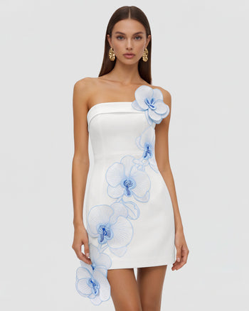 Orchid Abito Corto Senza Spalline con Applicazioni Floreali Ricamate - Bianco Blu