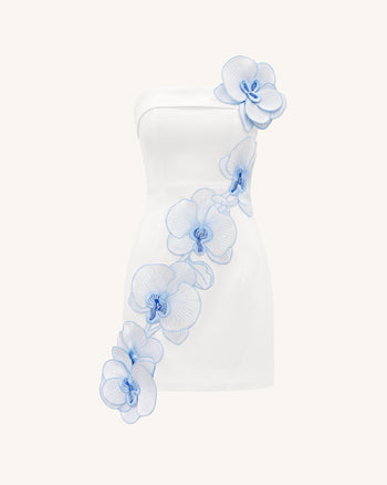 Orchid Abito Corto Senza Spalline con Applicazioni Floreali Ricamate - Bianco Blu