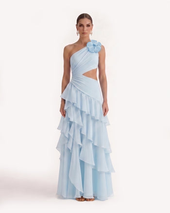 Abito lungo in chiffon con volant e cut-out sulle spalle One - Blu