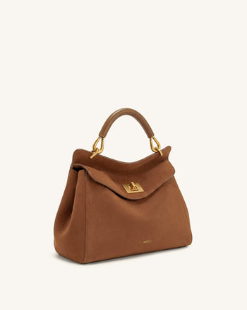 Lucia Borsa Classica con Manico Superiore in Ecopelle Scamosciata - Marrone Rossiccio Scuro