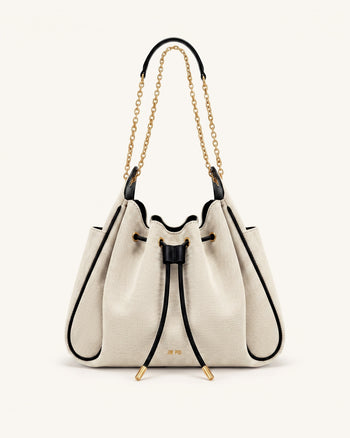 Rowan Borsa a secchiello arricciata con catena e coulisse - Tela nera