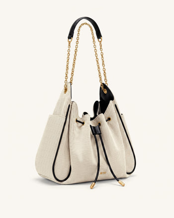Rowan Borsa a secchiello arricciata con catena e coulisse - Tela nera