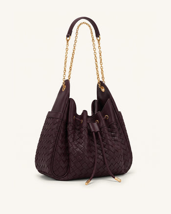 Rowan Borsa a secchiello intrecciata arricciata con coulisse e catena - Ciliegia scuro