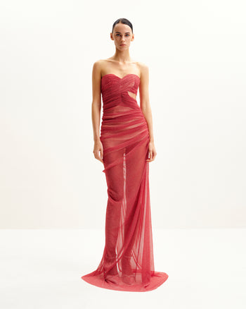 Mia Abito Lungo Senza Spalline Trasparente con Glitter - Scarlatto