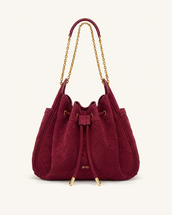 Rowan Borsa a secchiello intrecciata arricciata con coulisse e catena in finta pelle scamosciata - Ciliegia scuro