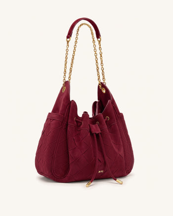 Rowan Borsa a secchiello intrecciata arricciata con coulisse e catena in finta pelle scamosciata - Ciliegia scuro