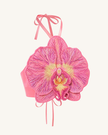 Crop top halter con orchidea 3D - Rosa