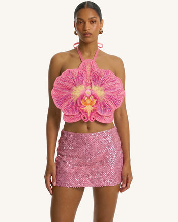 Crop top halter con orchidea 3D - Rosa