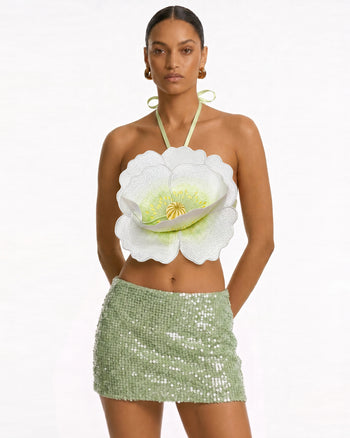 Crop top halter con fiori 3D - Avorio