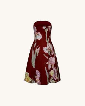 Abito a trapezio senza spalline con stampa floreale Iris - Bordeaux