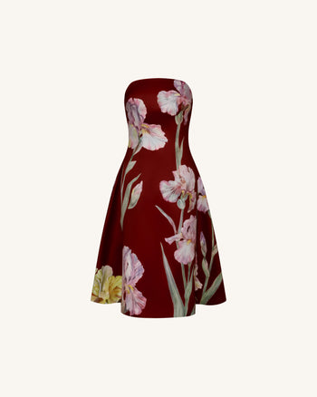 Abito a trapezio senza spalline con stampa floreale Iris - Bordeaux