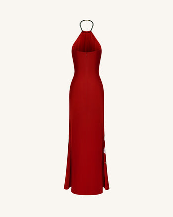 Abito lungo con scollo halter e stampa floreale Iris - Rubino