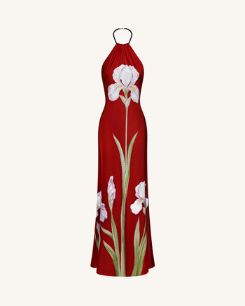 Abito lungo con scollo halter e stampa floreale Iris - Rubino