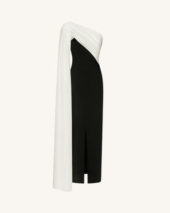 Maxi abito monospalla drappeggiato - Bianco e nero